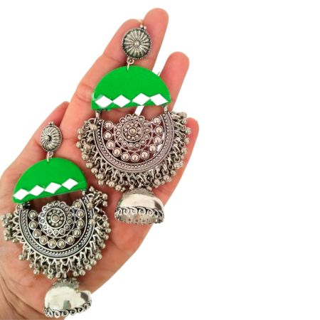 Green Oxidized Heavy Long Jhumka With Ghungroos
